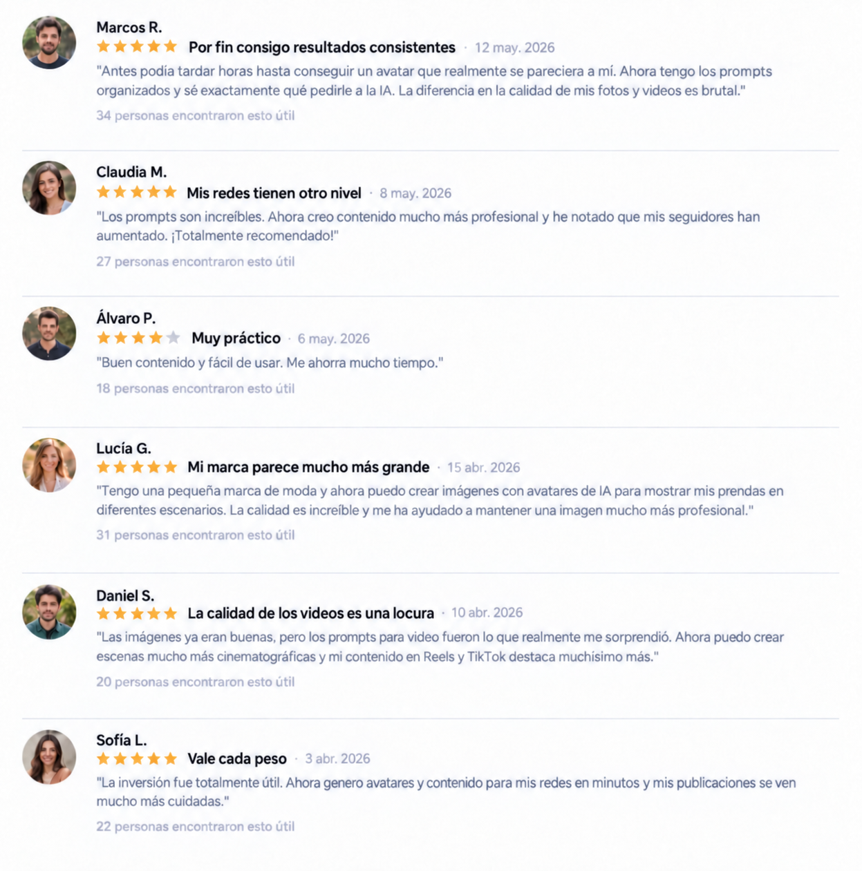 Reseñas reales de clientes del Arsenal de Prompts IA con sus valoraciones